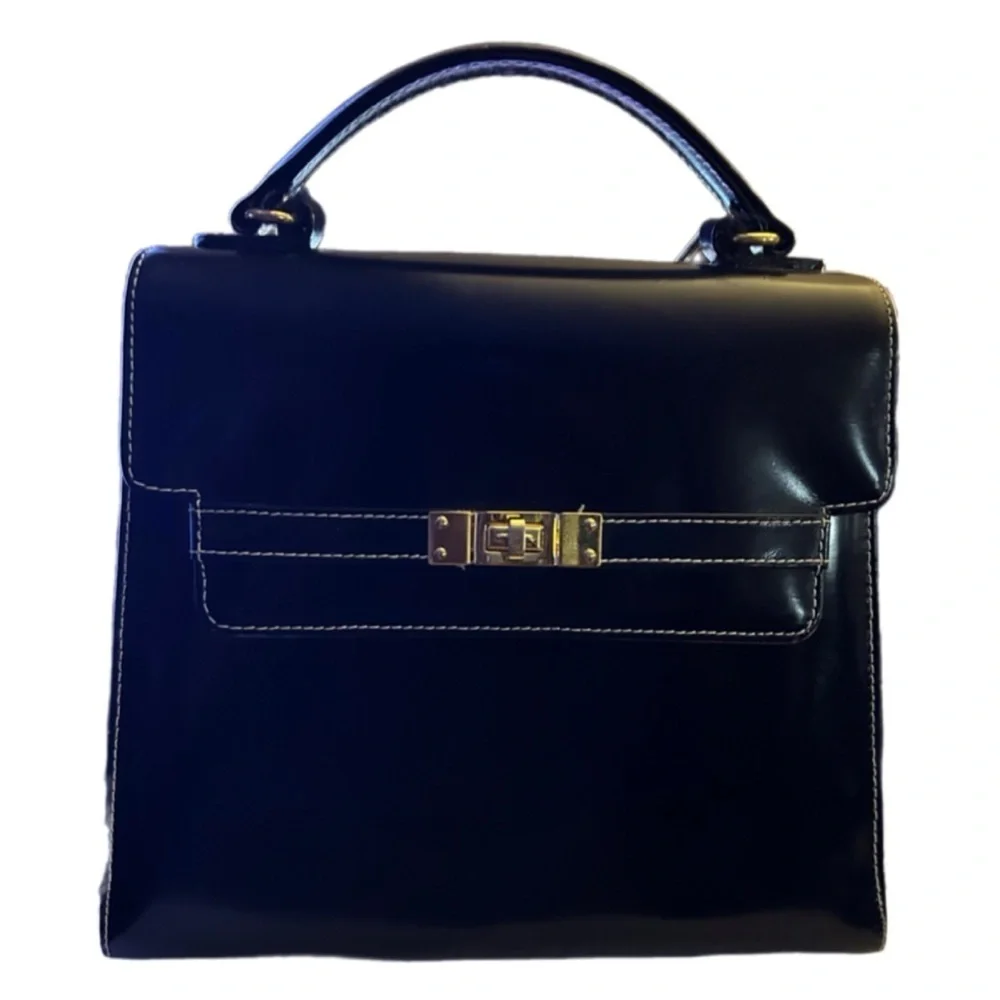 Vintage 90s Talbots Black Leather Front Clasp Classic Minimalist Bag